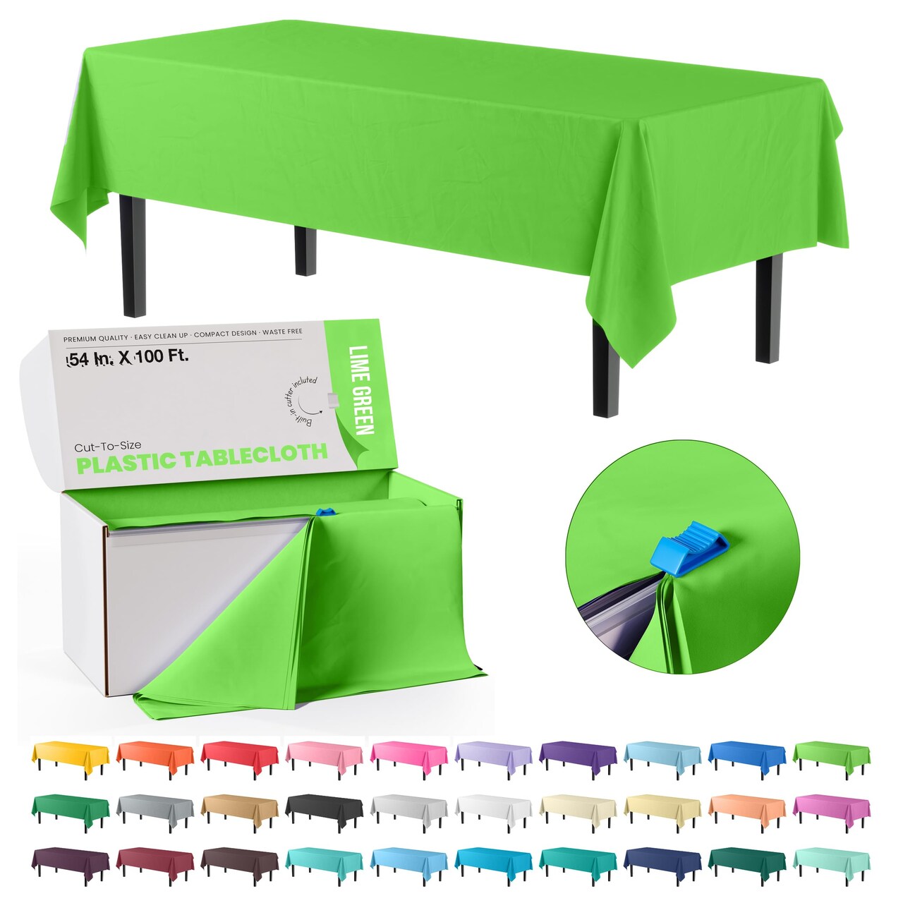 Exquisite Party Solids 54" x 100' Plastic Table Cover Roll with Slide Cutter – Cut-to-Size Dispenser Box – Makes Up to 12 Disposable 8' Rectangle Tablecloths